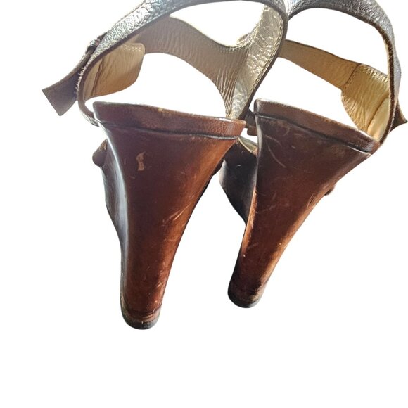Brown Leather Wedge Sandals Adjustable Strap Peep-Toe Design For Women Sz 9.5 - Picture 9 of 11